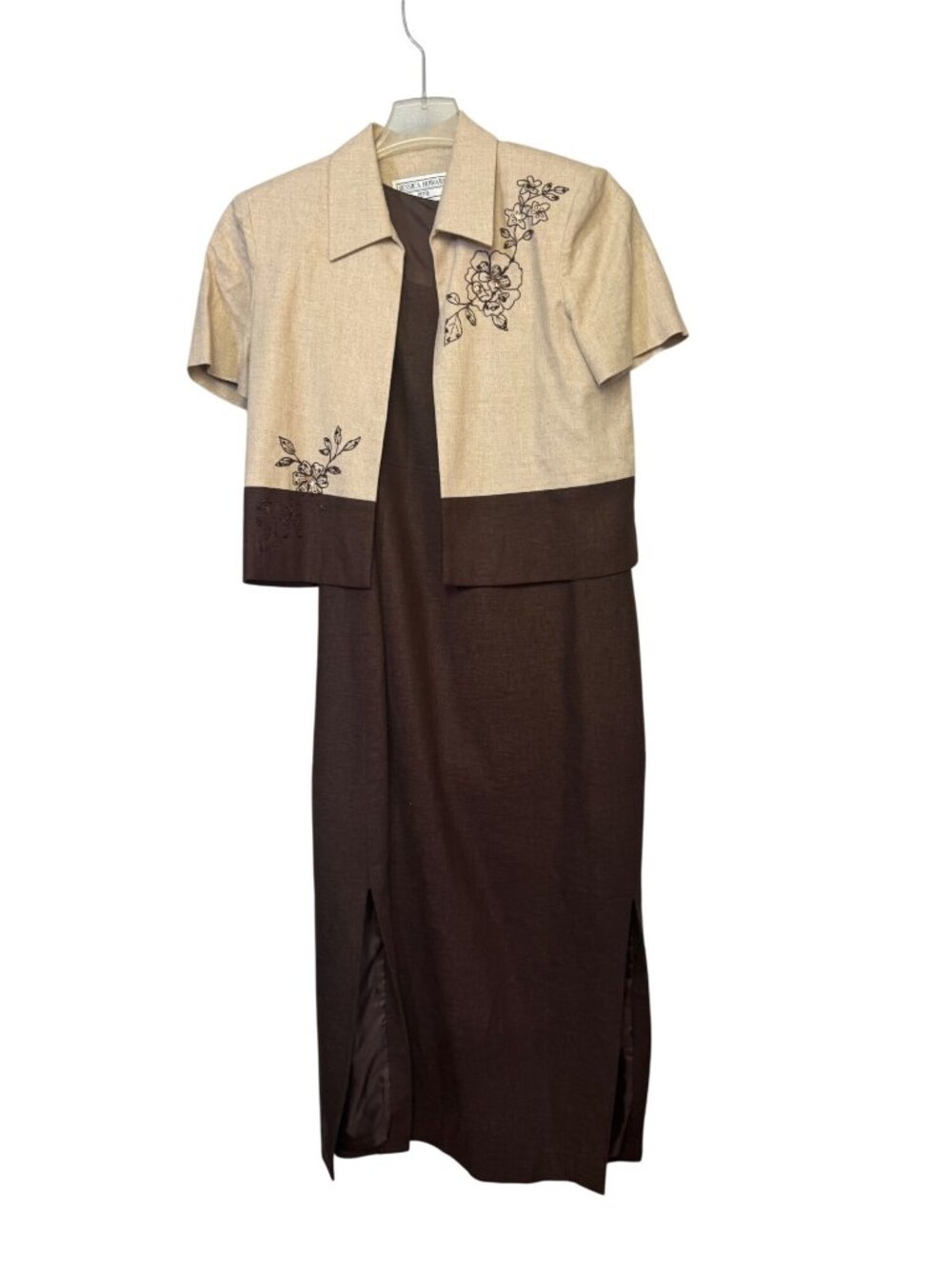 Jessica Howard Petite Brown Two-Piece Dress Set Size 10 Rayon Blend Embroidered
